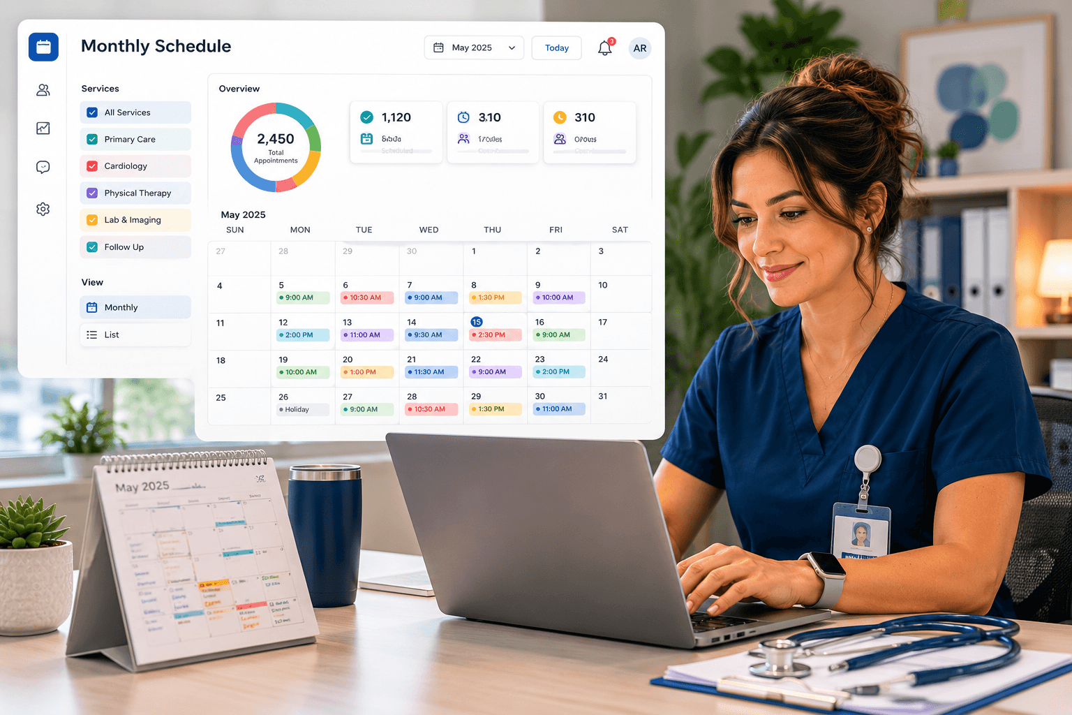 Scheduling dashboard showing appointments, service filters, and operational metrics